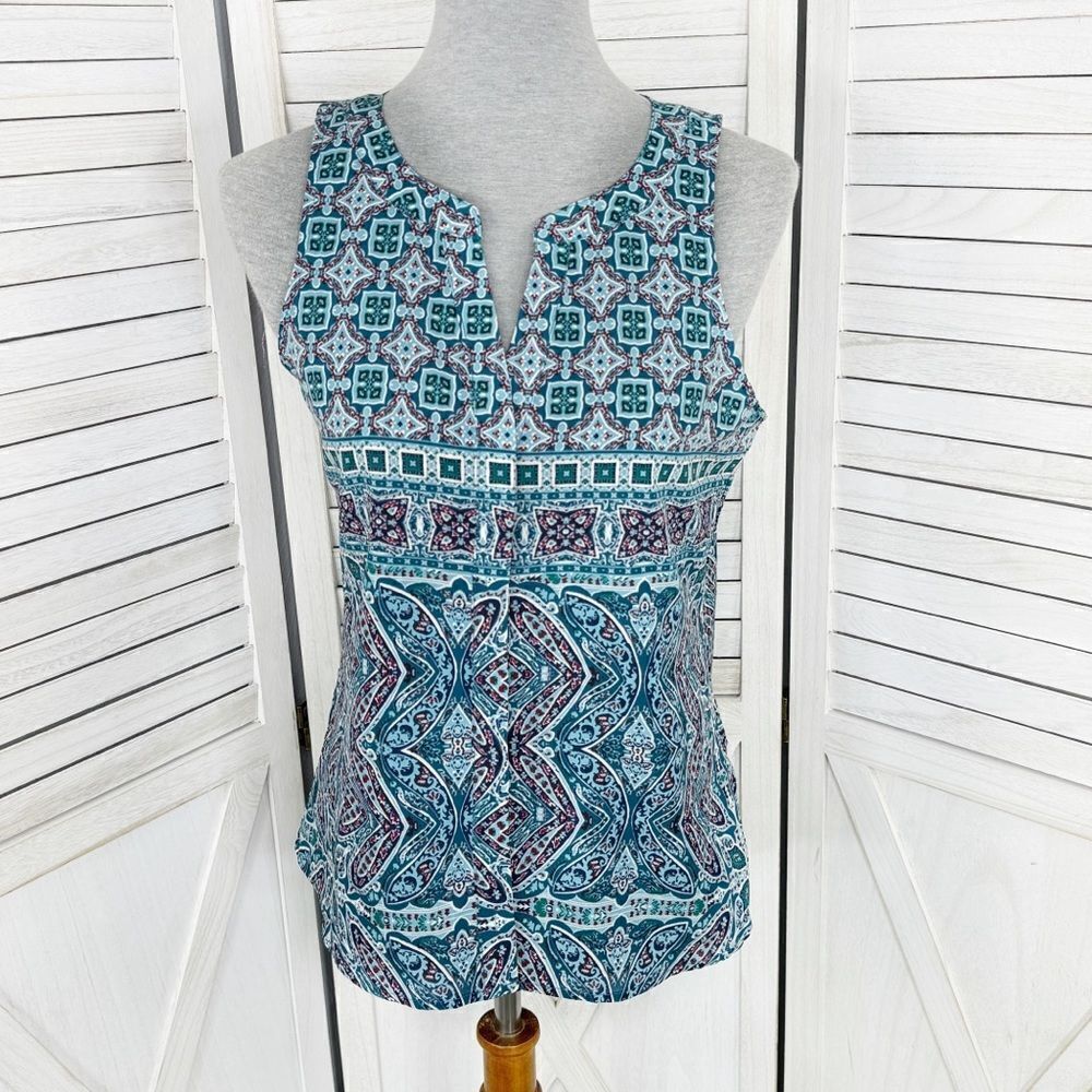 Sanctuary Printed V Neck Button Up Sleeveless Blouse Blue Small